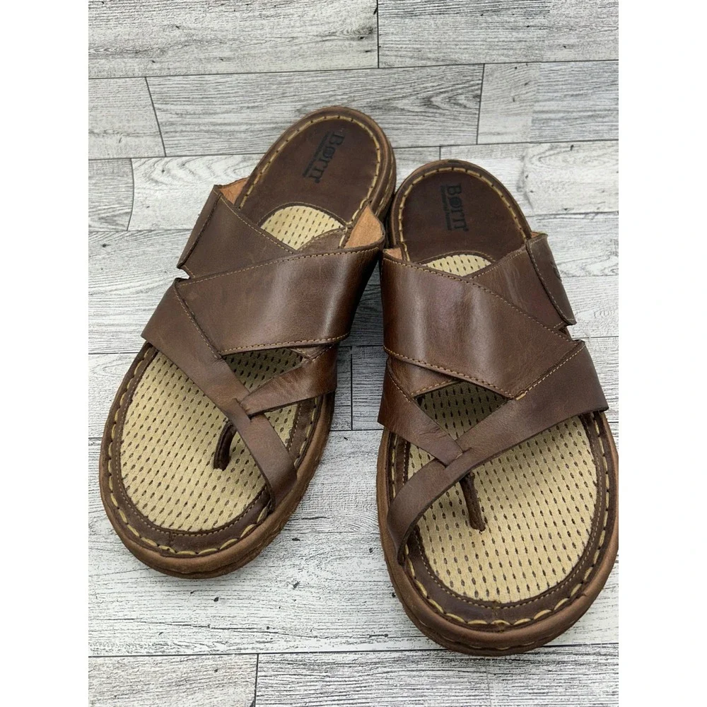 Born Men Brown Leather Crisscross Toe Loop Slide Sandals D62252 Size 11 US 43 EU